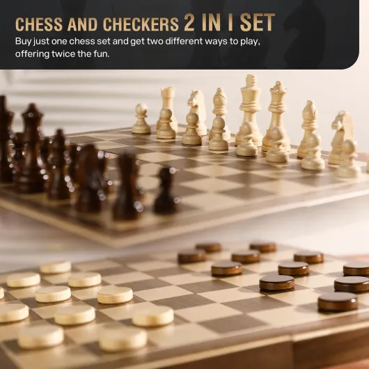 Jeu d'échecs et Dames 2 en 1 Echiquier en Bois Magnétiques, Echec Voyage Pliables, Jouets et Cadeaux de Jeux Éducatifs pour Adultes et Enfants (39 X 39CM, avec Double Dame)