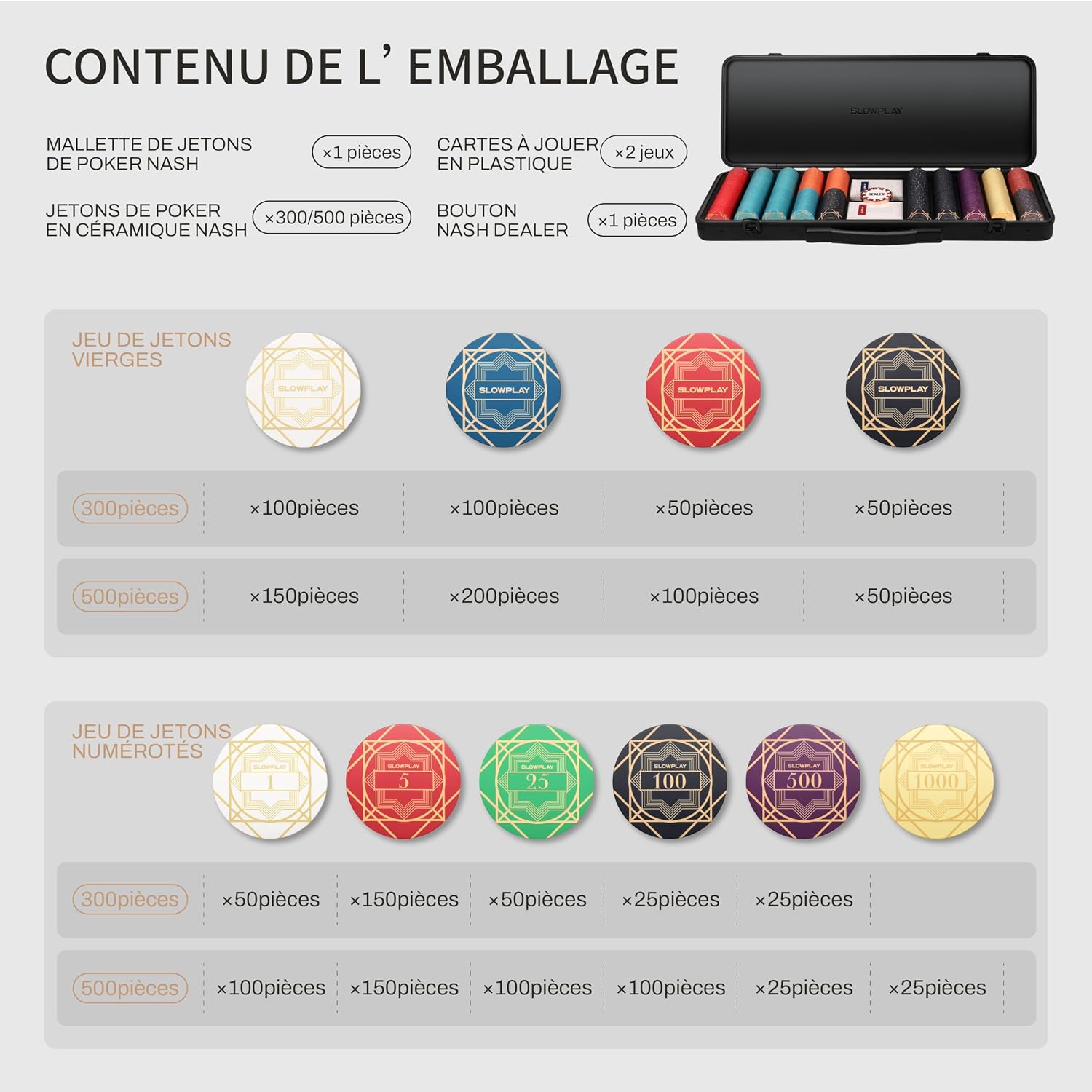 Set Poker céramique Nash, jetons 10 g/39 mm, Texas Hold’em 500 Jetons Sans Valeurs 39mm