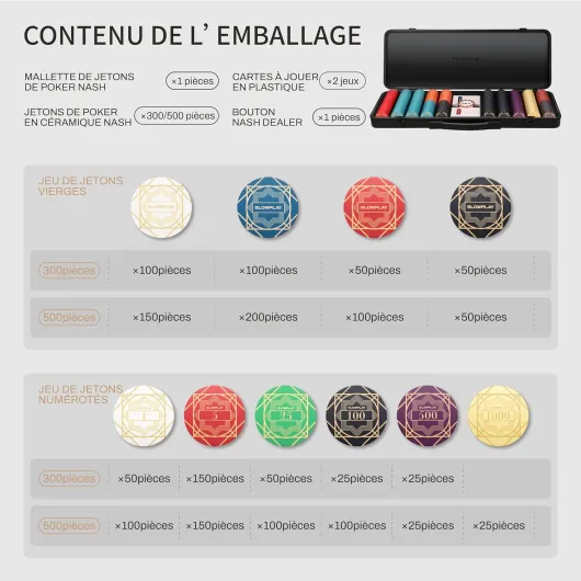 Set Poker céramique Nash, jetons 10 g/39 mm, Texas Hold’em 500 Jetons Sans Valeurs 39mm