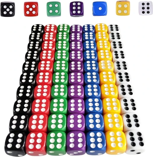 HUAZIZ 70 Pièces Dés à Jouer Dés 16mm Dés 6 Faces, Coins arrondis, 7 Couleurs pour Jouer à des Jeux Enseignement des mathématiques 70 Pièces 16mm Dés 6 Faces
