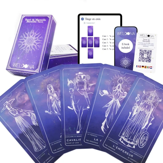 Weloona® Tarot de Marseille - Jeu de Cartes Complet 78 Cartes - Tarot divinatoire - Classique Traditionnel - Ésotérisme, Divination et Voyance - Idée Cadeau Standard
