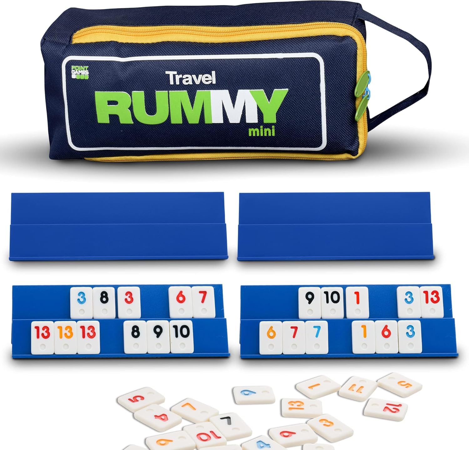 Point Games Mini Rami 106 Carreaux et Quatre Supports de Jeu Exclusifs a 2 Niveaux dans Un Sac de Voyage Très Résistant, Blanc & Bleu White & Blue