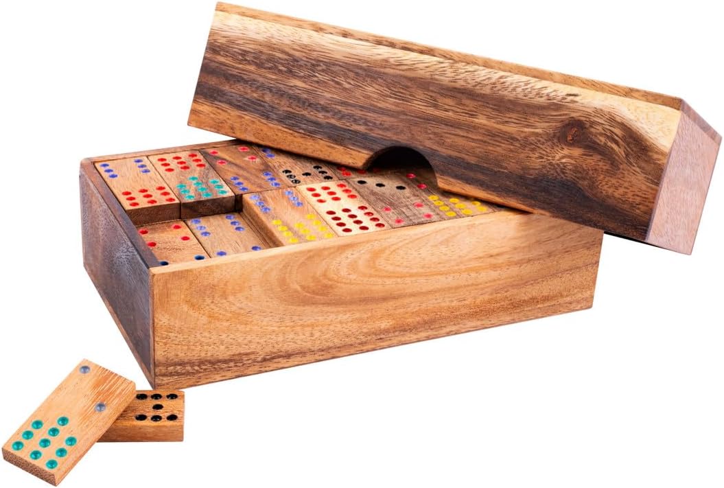 350370 - Jeu de Domino coloré en Bois Naturel dans Un Coffret - Jeu de Reflexion écologique - Double 12-2 à 8 Joueurs Domino 12