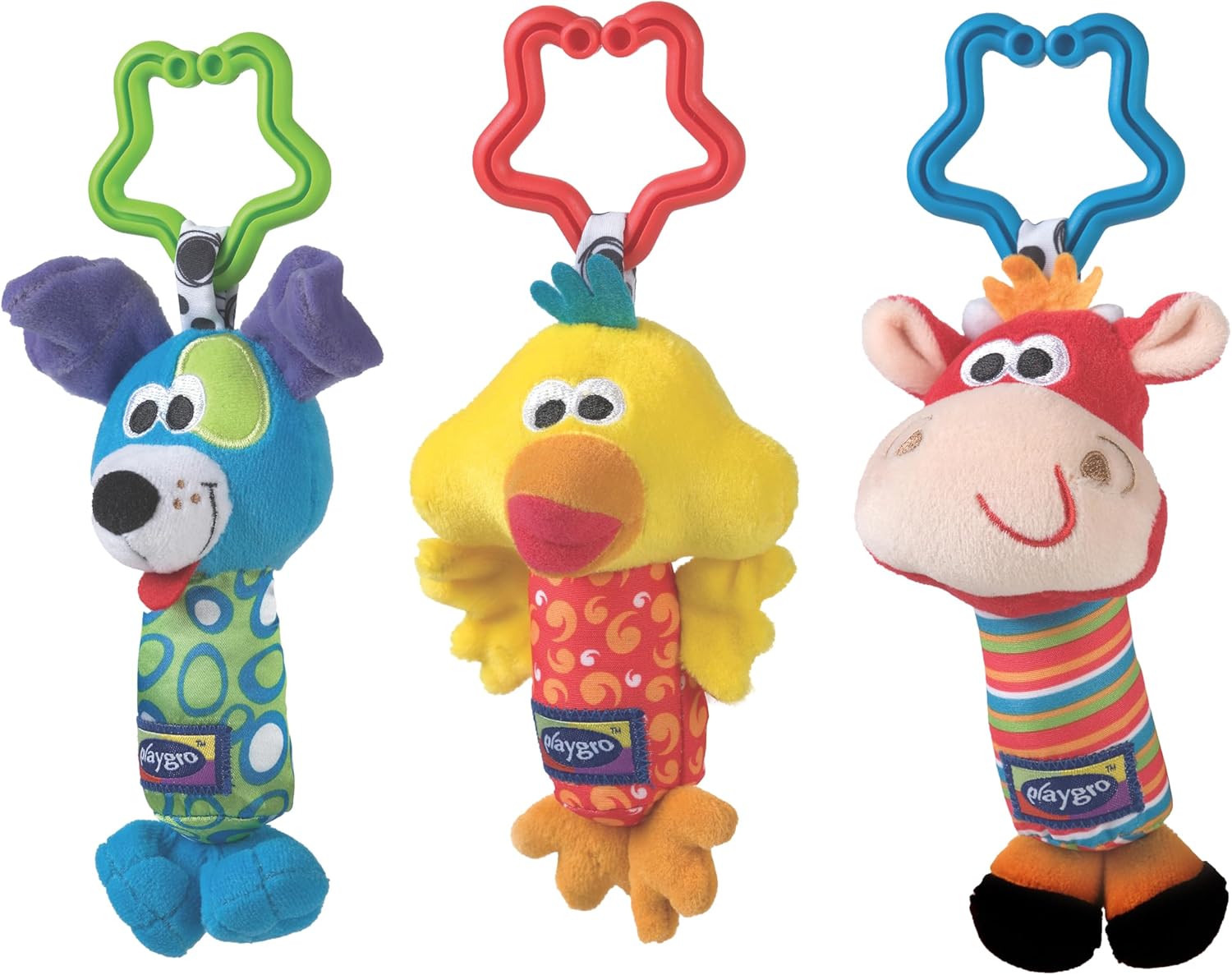 Trio d'Animaux de Jeu Playgro pour les Sorties, Avec Couinement, Hochet et Clochette, Dès 0 Mois, Multicolore, 40193 Trio d'animaux en peluche