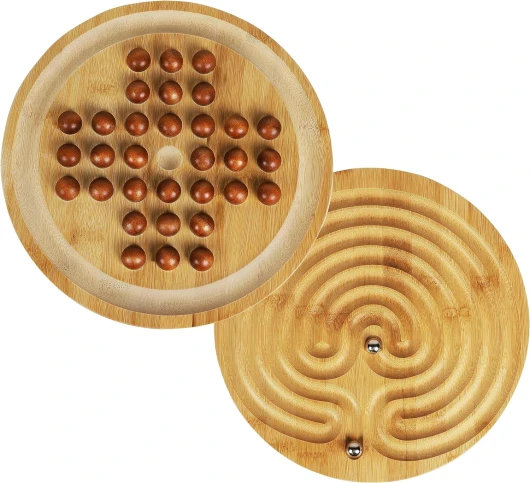 TOWO Jeu de solitaire et labyrinthe en bois 2 en 1 - Jeu de société classique à un joueur - 25 cm - Jeu d'équilibre et de stratégie - Puzzle 2 en 1 - Pour 6 ans à adultes Solitaire Labyrinthe 2 en 1
