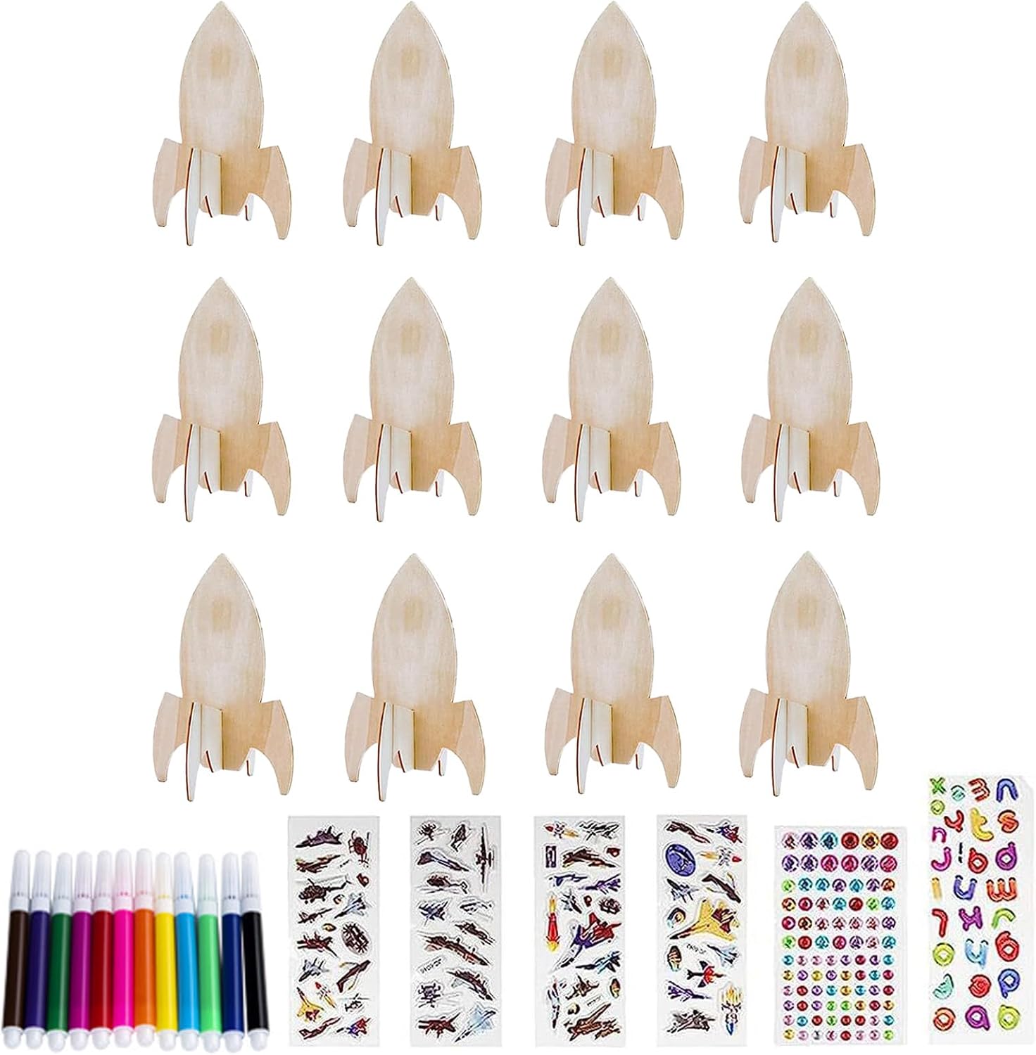 Wenrescry Lot de 12 Fusées en bois - Kit de bricolage pour enfants - Jouet créatif pour enfants - Convient pour l'apprentissage, la conception et le divertissement - Fête d'anniversaire
