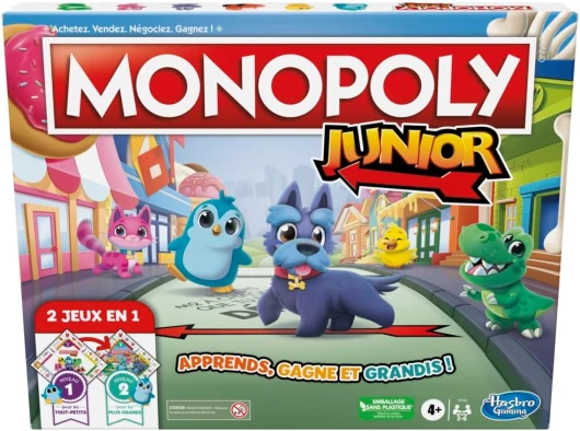 Monopoly Junior, Jeu de Société pour Enfants, Plateau de Jeu Recto-Verso, 2 en 1, Jeux Éducatifs, Version Française