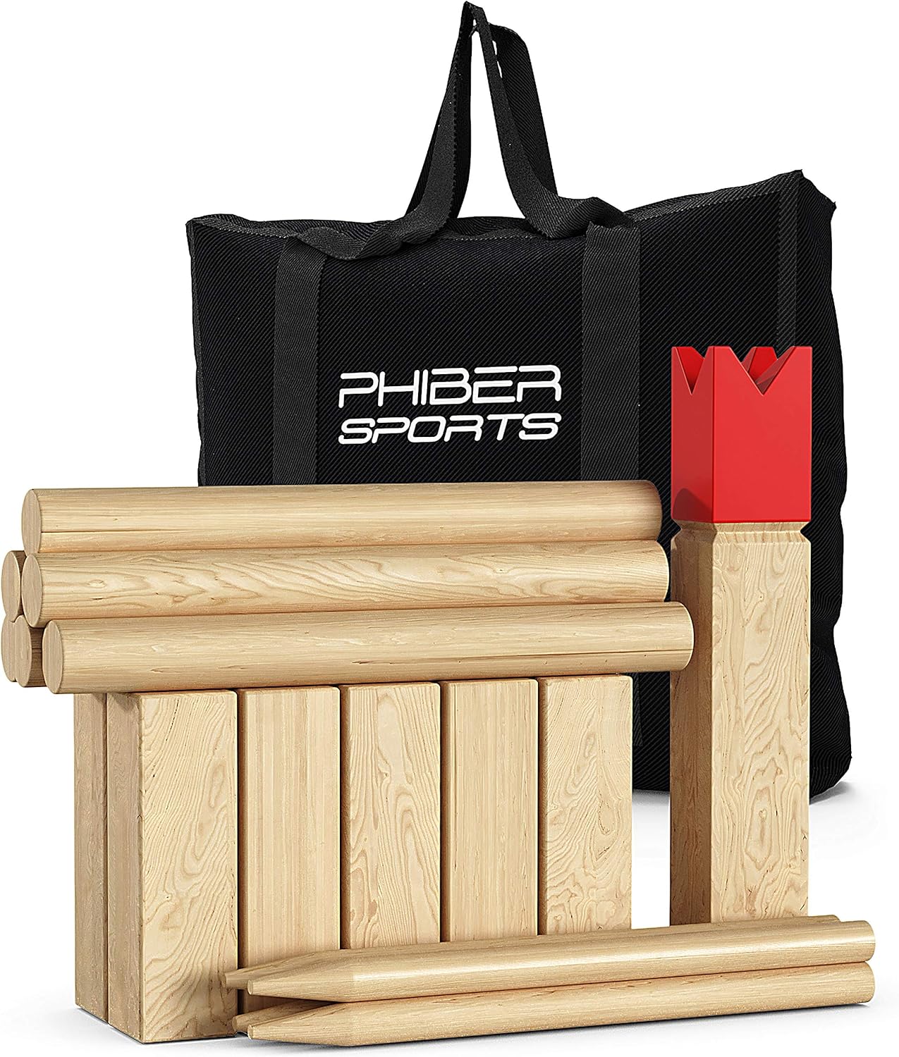PHIBER-Sports Kubb Jeu d'échecs Viking de qualité supérieure - Bois Massif - avec Sac de Transport Pratique - Jeu d'extérieur - Jeu en Bois pour Enfants et Adultes