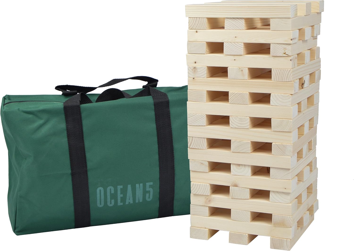 Tour vacillante géante de la Marque Ocean 5 en Bois Naturel Massif, Jeu de Tour de Pile en Format XXL 60 pièces (21x4x2,5cm), jusqu'à 1.5m de Haut avec Le Jeu d'adresse de Pile Tour Vacillante Géante (21x4x2,5cm)