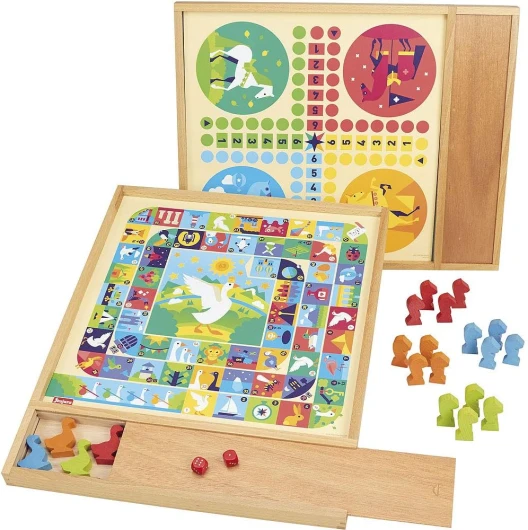 Jeux de l'Oie et Petits Chevaux - Jeux de Société - 4 oies - 16 chevaux - 2 dès - A partir de 3 ans - livret de règle - Plateau en Bois - 8117 Plateau avec Plumir