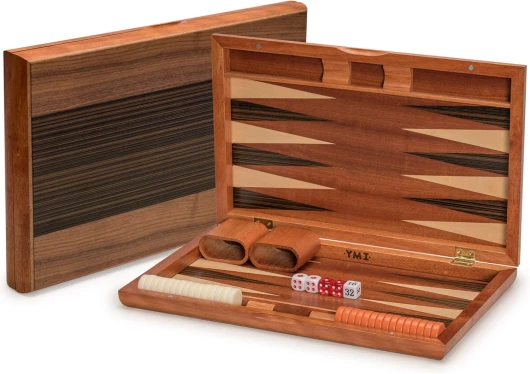 Jeu de Backgammon Incrusté en Bois, Pasadena - Plateau de 38, 5 centimètre avec Pièces de Jeux en Acrylique & Gobelets à Dés en Bois