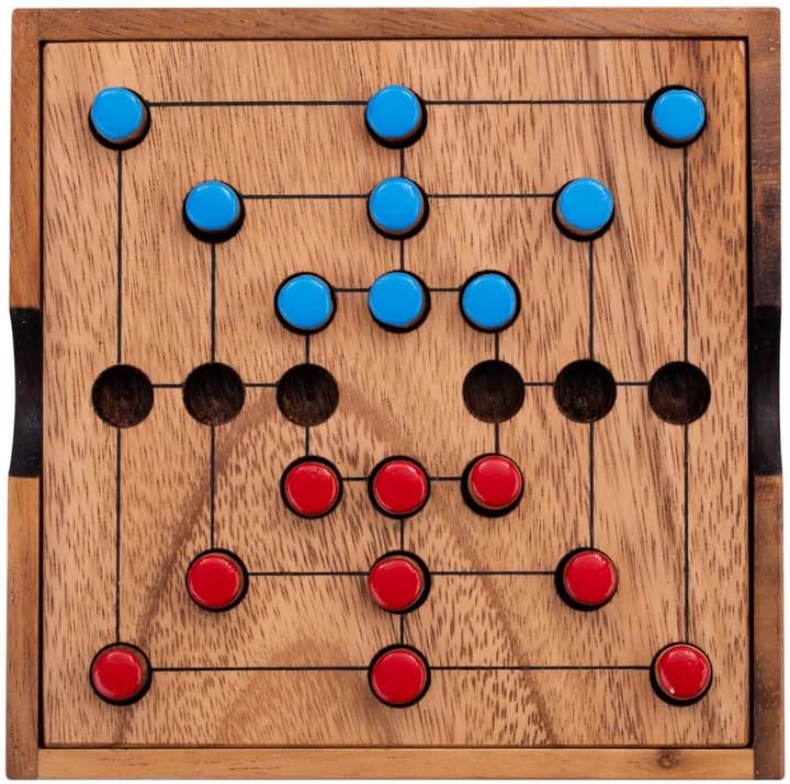 350270 - Marelle en Bois – Jeu du Moulin – Nine Men Morris – Jeu de société - Coffret Ecologique - Jeu de Voyage – 13.8 x 13,8 x 3 cm - 2 Joueurs