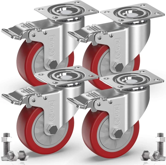 4 Roulettes Pivotantes Pour Meubles avec Frein + Vis - 100mm Jusqu'à 600KG - Roulette Sans Traces au Sol pour Charge Lourde - Roue en Caoutchouc pour Chariot - Argentées 4 Roulettes Avec Frein