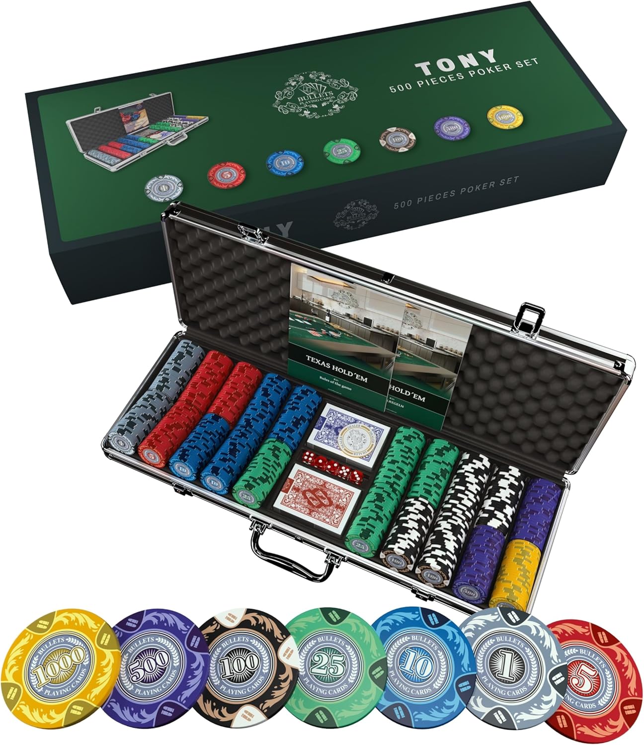 , Mallette de Poker «Tony», 500 jetons en Argile, 2 Jeux de Cartes Bleu et Rouge, 5 dés, 1 Bouton Dealer en céramique, 1 livret avec Les règles du Jeu