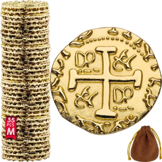 Pièces d'or Pirate en Métal - 35 Pieces Or Coffre Pirate Trésor, Répliques de Doublons Espagnols en Métal pour Les Jeux De Société, Les Jetons, Le Cosplay, Coffre Tresor de Jouet Pirate - M Taille