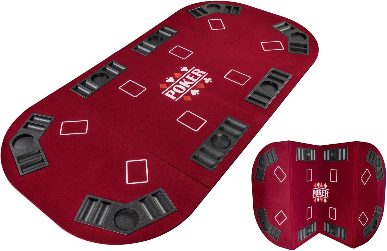Plateau de Poker Pliable 4 Parties Rectangulaire - Rouge - Tapis Poker - Jeu de Cartes et Jetons - Tapis de Poker Pliable avec Porte-Gobelets - Idéale sur Table Basse Salon