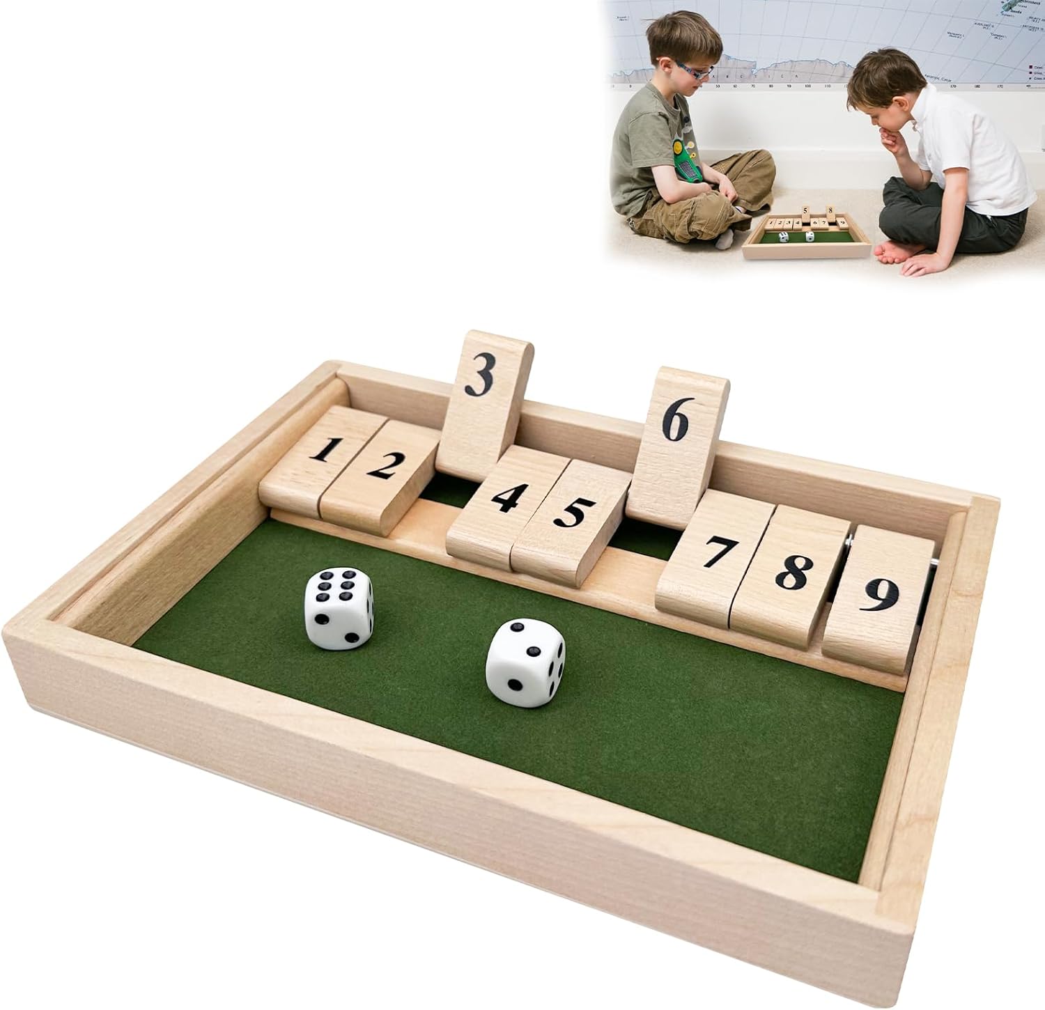 Chiluxendo Jeu Shut The Box Spiel 2 Joueurs, Shut The Box Jeux en Bois Joueurs 2 Dés, 9 Numéros Joueurs Shut The Box Jeu de Société, Jeu de Dés Shut The Box de Famille, pour Bar, Fête, Mathématiques