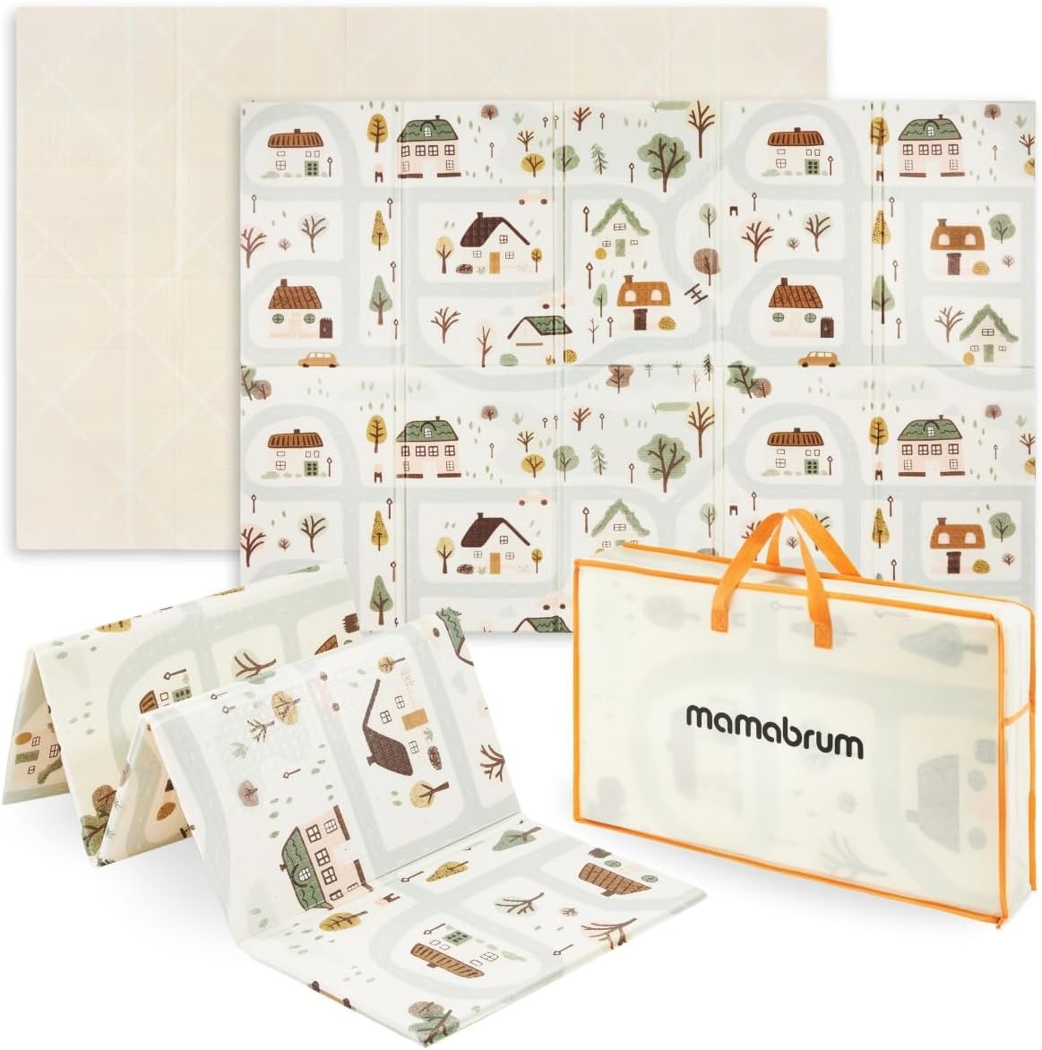 Tapis Enfant Pliable Double Face en Mousse Grand: 180 x 120 x 1 cm Tapis de Sol pour Apprendre à Ramper, Tapis de Jeu pour Enfants - Charmante Ville/Beige Sable