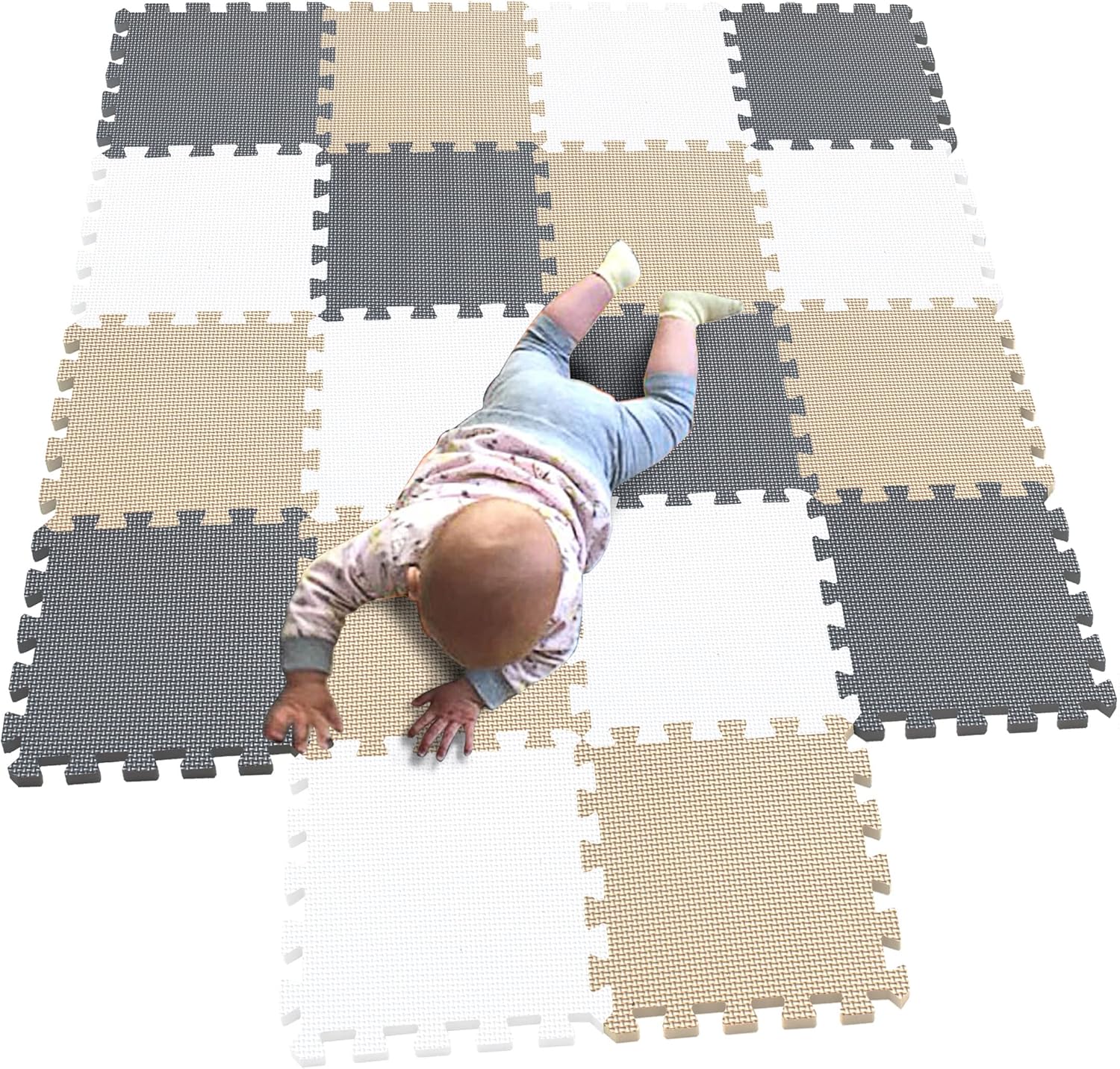 ® 18 pièces Tapis de Puzzles pour Bébés Mousse Tapis de Jeu Interactif pour Enfants G301018-101110112 87 x 172 cm Blanc Beige Gris