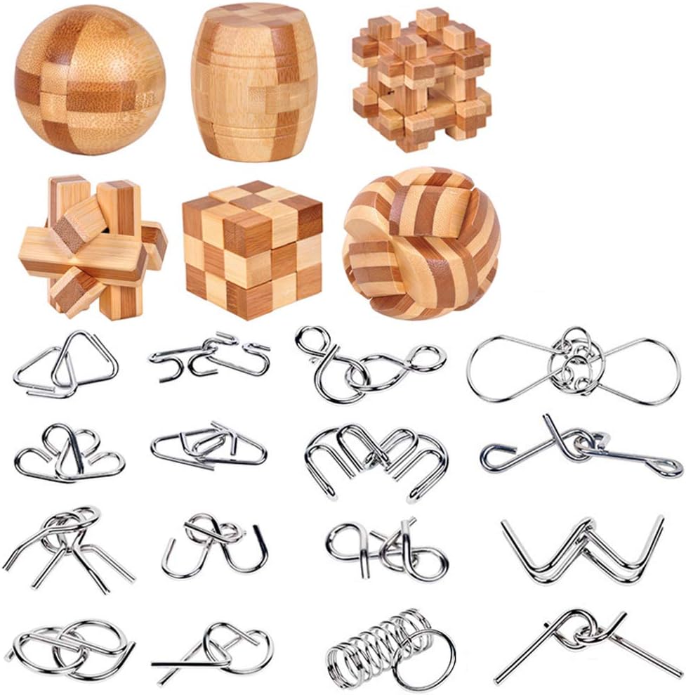 YGZN Casse-tête métallique Wire Set de 22, IQ Test Casse-tête Métal IQ Jigsaw Puzzle Jouet Éducatif pour Adultes et Enfants (Wooden&Metal Puzzles 22pcs)