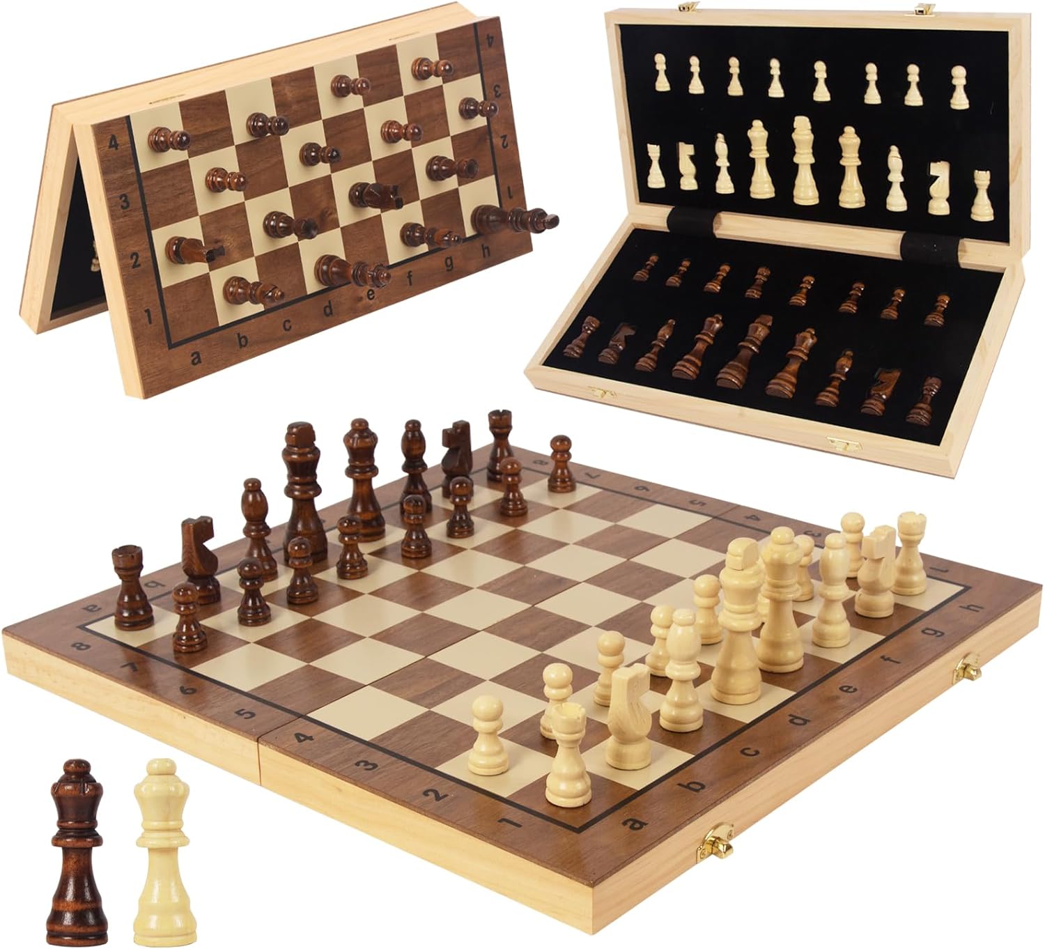 WOODENFUN Jeu d'échecs magnétique - En bois - Pour adultes et enfants - Pliable - 40 x 40 cm - Portable - En bois de noix et de pin (marron - Grand pliage)