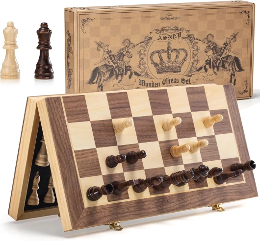 ASNEY Jeu D'Échecs Magnétique Amélioré, Jeu D'Échecs en Bois De Tournoi De 15 "Staunton avec Pièce D'Échecs Artisanale Et Emplacements De Rangement pour Enfants Adultes