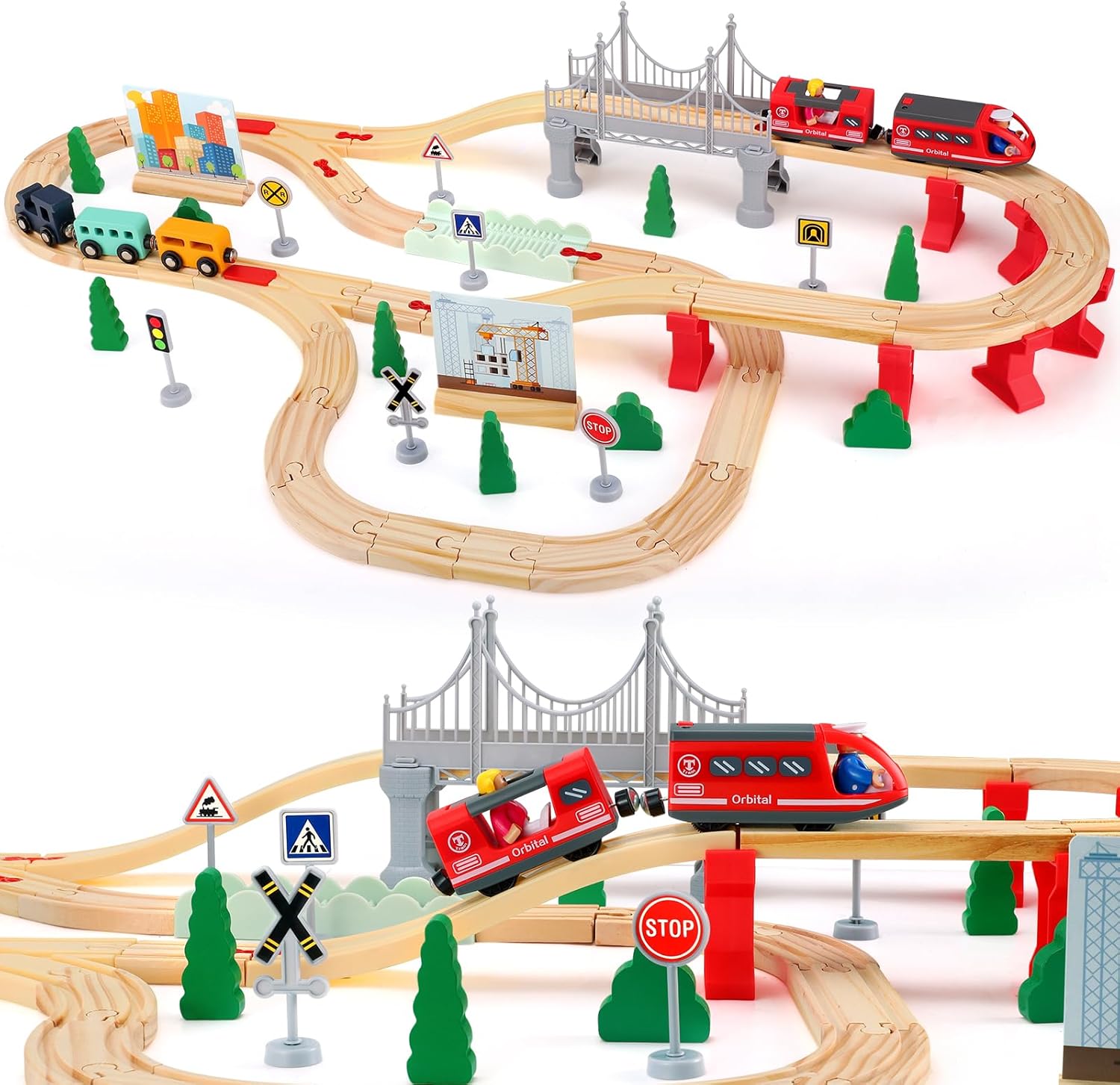 Brolteja Ensemble De Train en Bois Enfant,72 Pièces Jeu Train en Bois Enfant,Voies Ferrées en Bois et Jouets de Train pour Les avec 4 Wagons et Rails, Cadeau de Noël Jeux pour Garçons et Filles