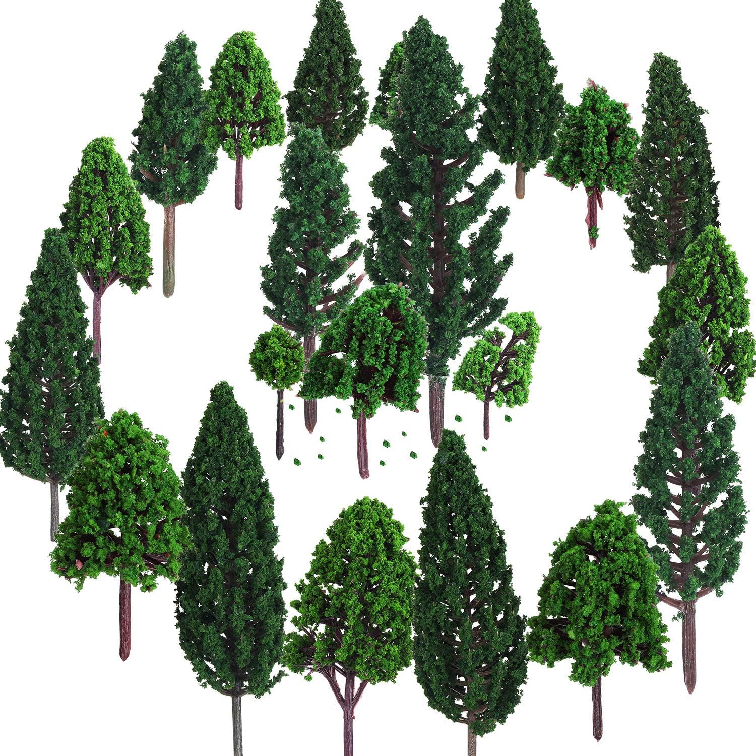 Bememo Lot de 22 arbres miniatures de 3 à 16 cm - Modèle mixte - Pour paysage à train - Diorama - Pour bricolage - Vert naturel