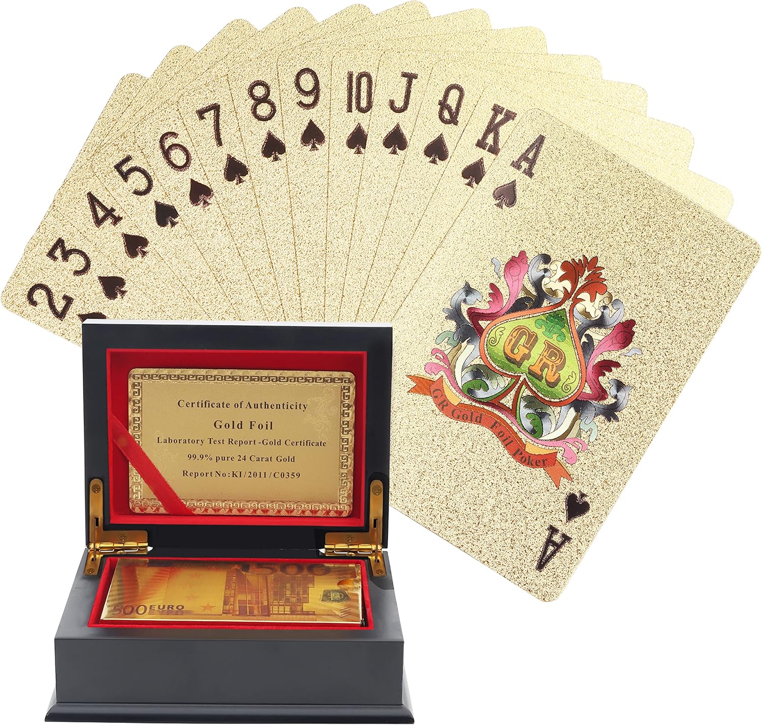 Jeux de Carte 54 en Or - Jeu de Carte Etanche en Feuille d’Or - Magie, Poker et Parties en Famille - Carte Poker Professionnelle avec Un Motif de 500 Euros et Une Boîte Cadeau