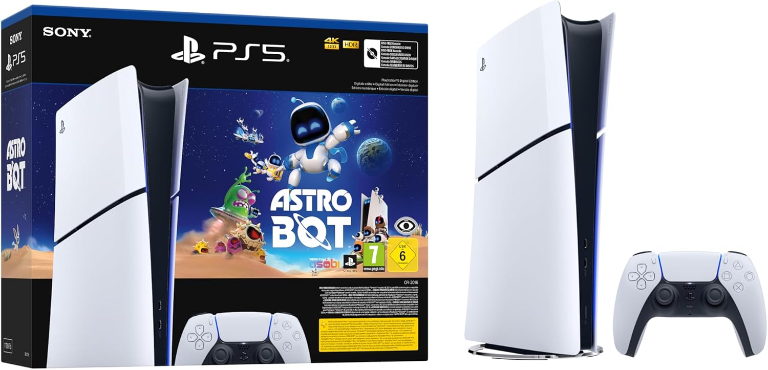 Sony PlayStation, Pack Console PS5 Slim édition Numérique, avec 1 Manette Sans Fil DualSense + jeu Astro Bot (code de téléchargement) - Édition limitée