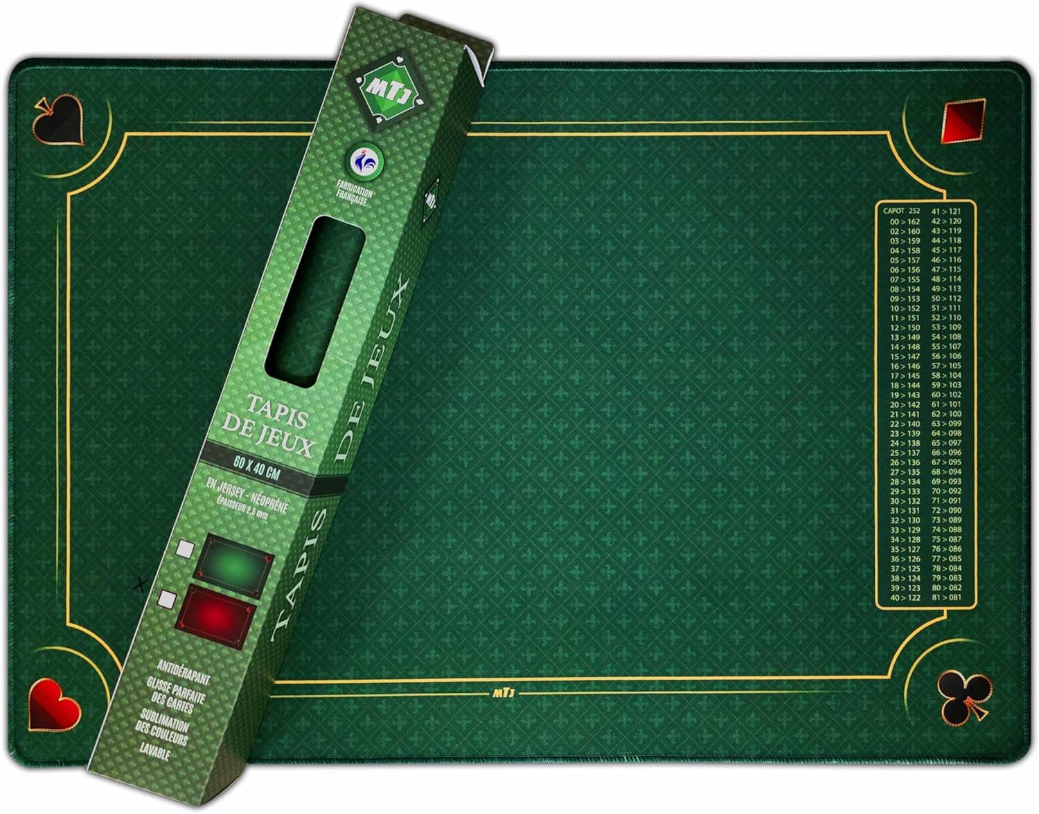 Tapis Belote de Luxe Galonné - 60x40 cm - Matière Jersey Néoprène - Fabrication Française (Vert)