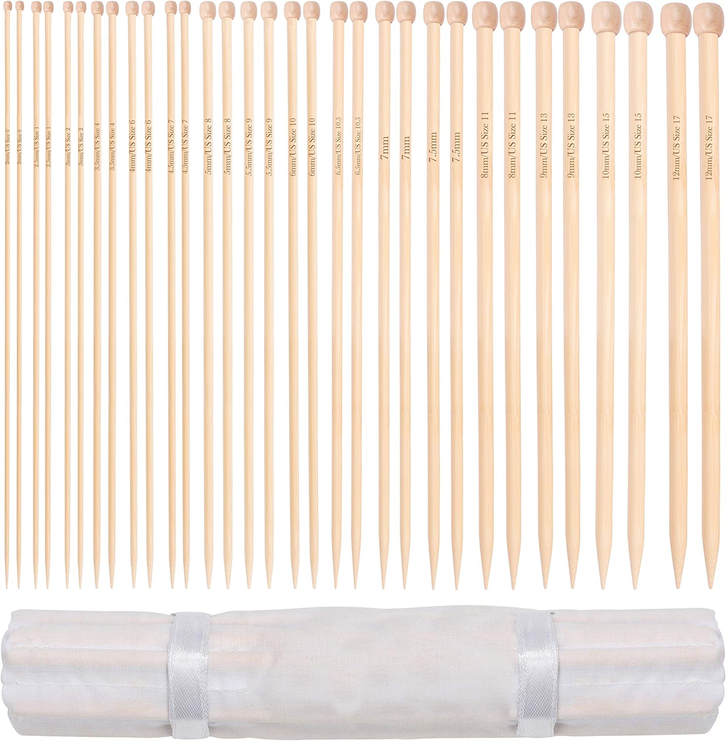 Lot d’Aiguilles a Tricoter en Bambou - 16 paires d’Aiguilles à Tricoter en Bois avec Étui de Rangement - Pointe Unique de 2 mm à 12 mm - Chaque Aiguille Mesure 34 cm - Débutants et Experts