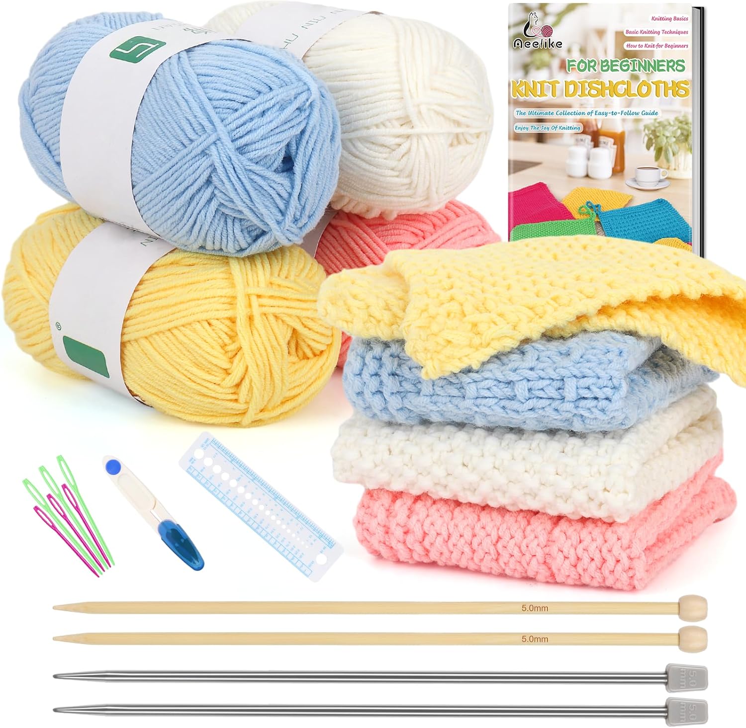 Aeelike Kit de tricot pour adultes – Kit de tricot pour débutants – Fabriquez votre propre torchon – Kit de tricot avec fil, instructions (français non garanti), aiguilles à tricoter et aiguilles à