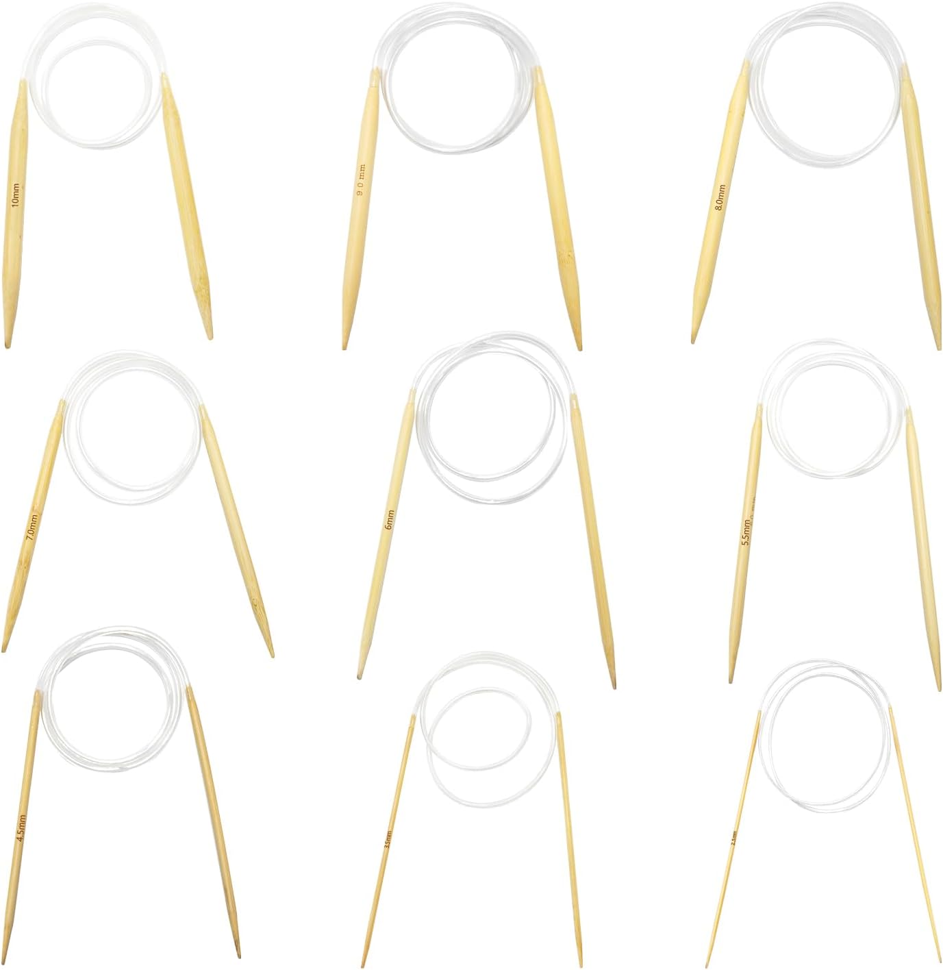 9 Paires Aiguilles Circulaires Bambou, d'Aiguilles à Tricoter Circulaires à Double Pointe Naturel de 80 cm pour Débutants et Professionnel（2,5mm/3,5mm/4,5mm/5,5mm/6mm/7mm/8mm/9mm/10mm）