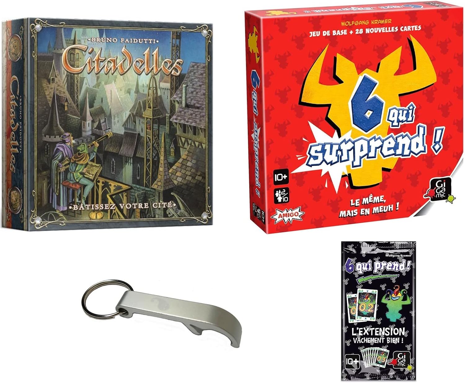 Lot De 2 Jeux de Voyage Citadelles + 6 Qui Surprend + Extension + 1 Décapsuleur Blumie (Citadelles + 6 Qui Surprend)