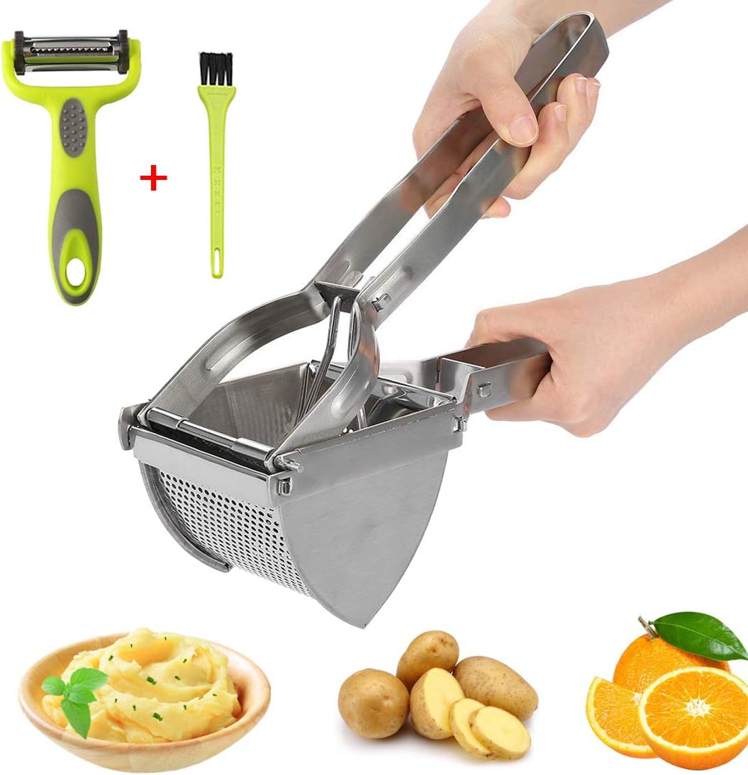 Presse Purée Manuel, 3PCS Presse-purée à Pommes de Terre Kit, Patate Prese Puree Acier Passoire Professionnel avec Brosse, Éplucheuse pour Fruits Légumes Aliments pour Bébé