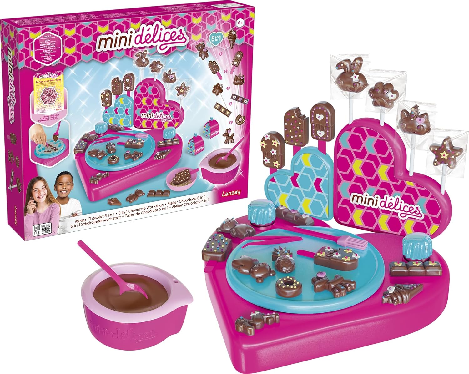 MINI DELICES - Mon Super Atelier Chocolat 5 En 1 - Kit Cuisine pour Enfants dès 6 Ans - Fabrication de Chocolats et Sucettes - Sans Cuisson - Accessoires Inclus - Idée Cadeau Patisserie - Lansay