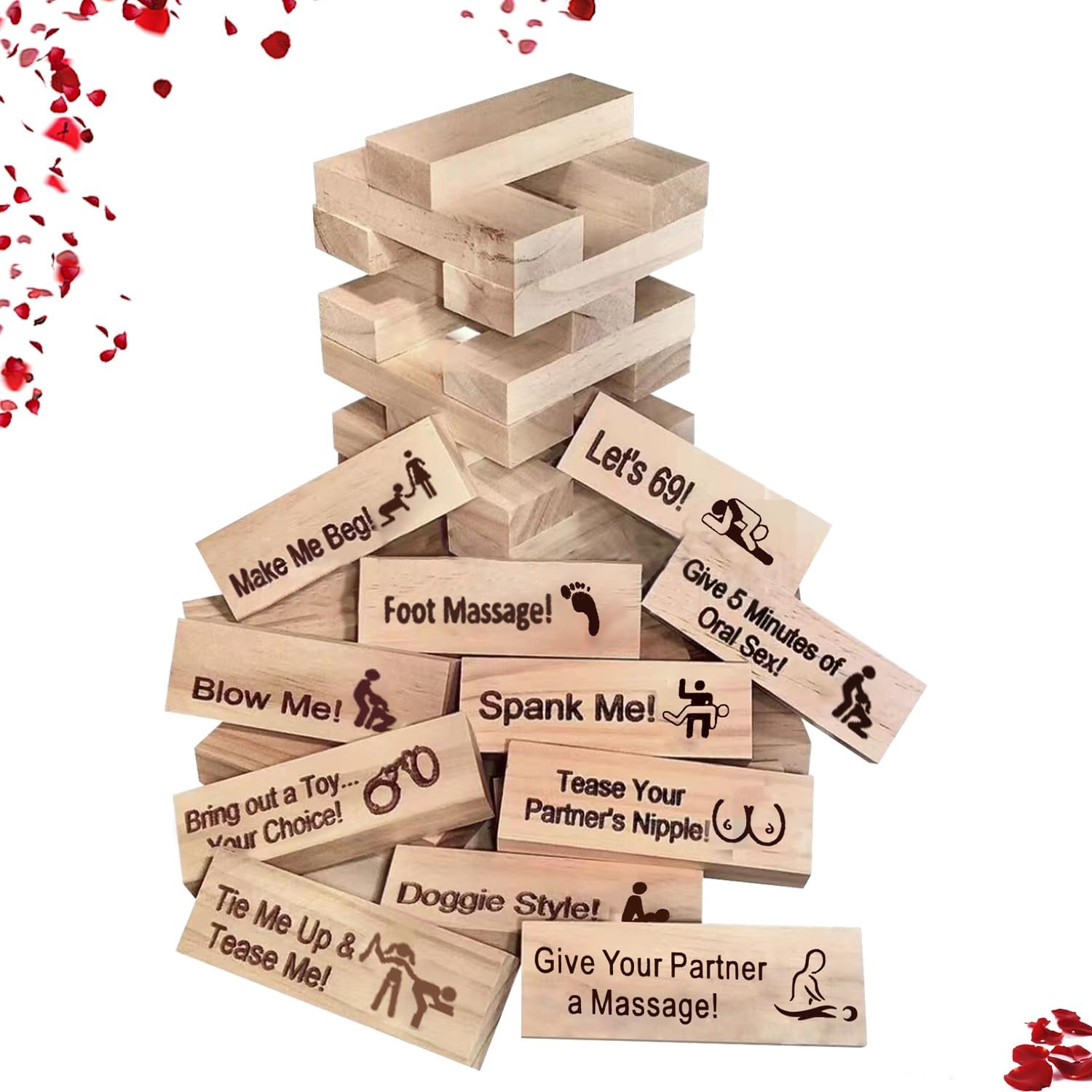 Adulte Jeux à Empiler - 48 Blocs en Bois avec Défis Audacieux - Tour de Blocs Empilables en Bois - Jeu de Société Adultes pour Couples - Cadeau Romantique Anniversaire & Saint-Valentin