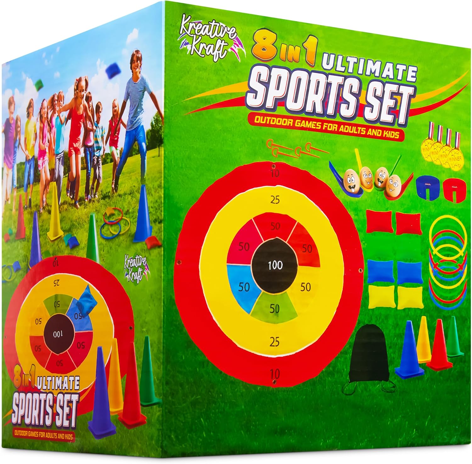 KreativeKraft Jeux d'Extérieur Enfant Adulte et Famille Kit Sport Course aux Oeufs et Cuillère Enfant Jeu des Anneaux Sacs de Courses (Ensemble 8 en 1)