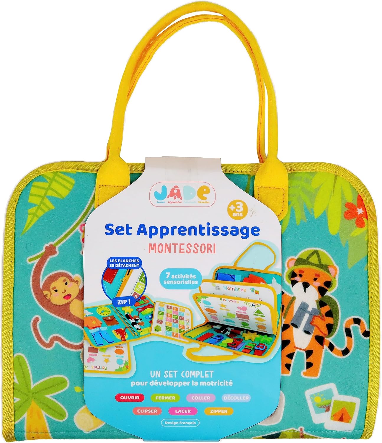 Pochette d'Activités - Montessori - 141512 - Jeu Educatif - Multicolore - Tissus - Voyage - Sensoriel - Jeu pour Enfant -Design Français - Jade - 28 cm x 33 cm - À Partir de 3 Ans