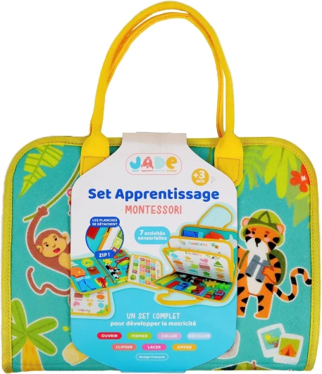 Pochette d'Activités - Montessori - 141512 - Jeu Educatif - Multicolore - Tissus - Voyage - Sensoriel - Jeu pour Enfant -Design Français - Jade - 28 cm x 33 cm - À Partir de 3 Ans