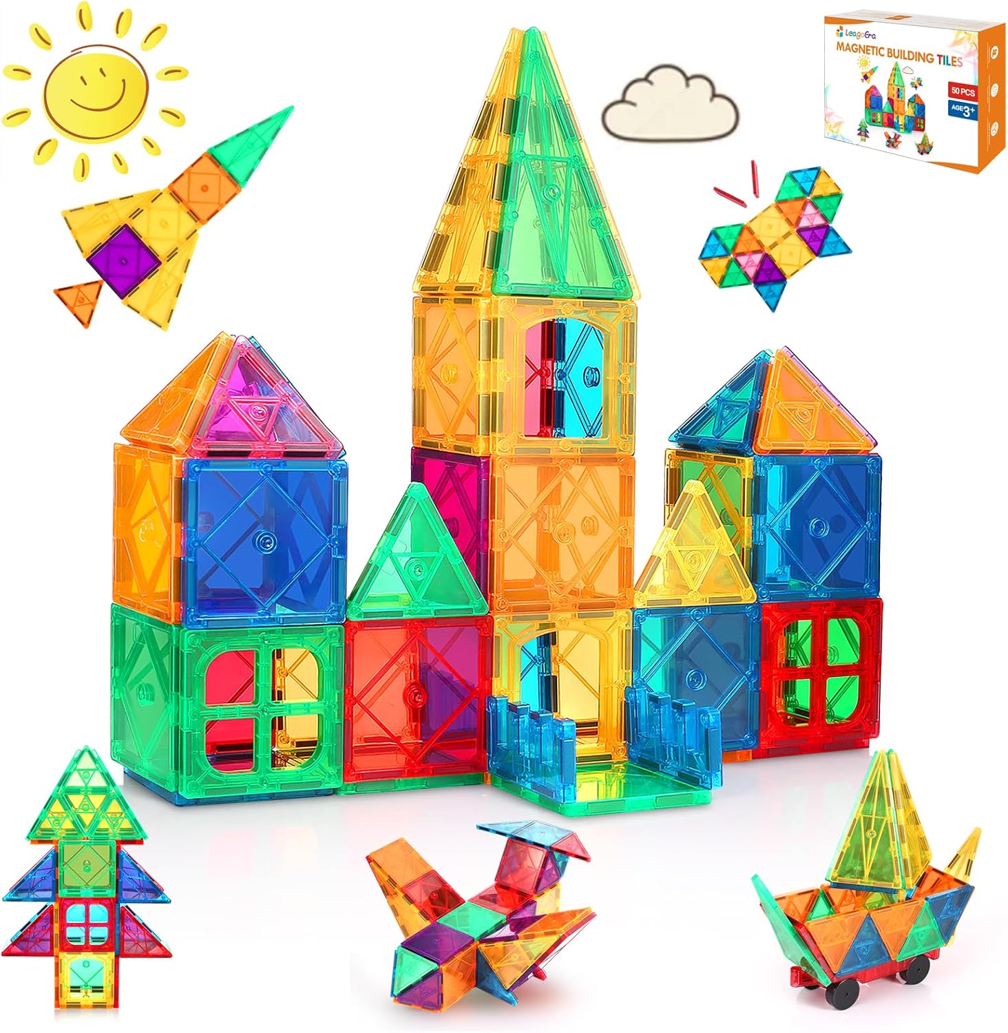 Construction Magnétiques Enfants 50 Pièces Jeu de Construction Magnétique Jeux Cadeau pour Enfants 3 4 5 6 7 8 Ans