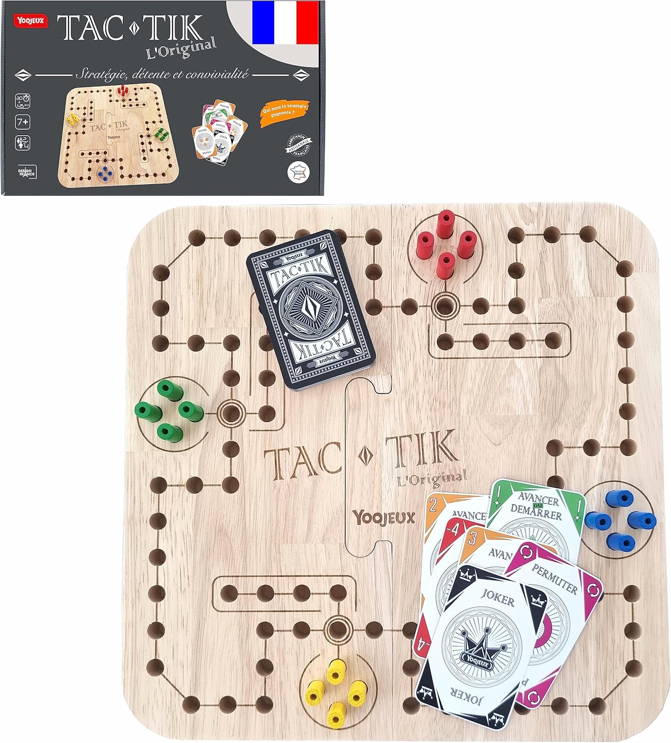 YOOJEUX® TAC-TIK L’Original – 2 à 4 Joueurs – Inclus Cartes de Jouer au Tock – Jeu de Société Plateau Bois Massif – Fabriqué en France – À Partir de 7 Ans – pour Toute la Famille