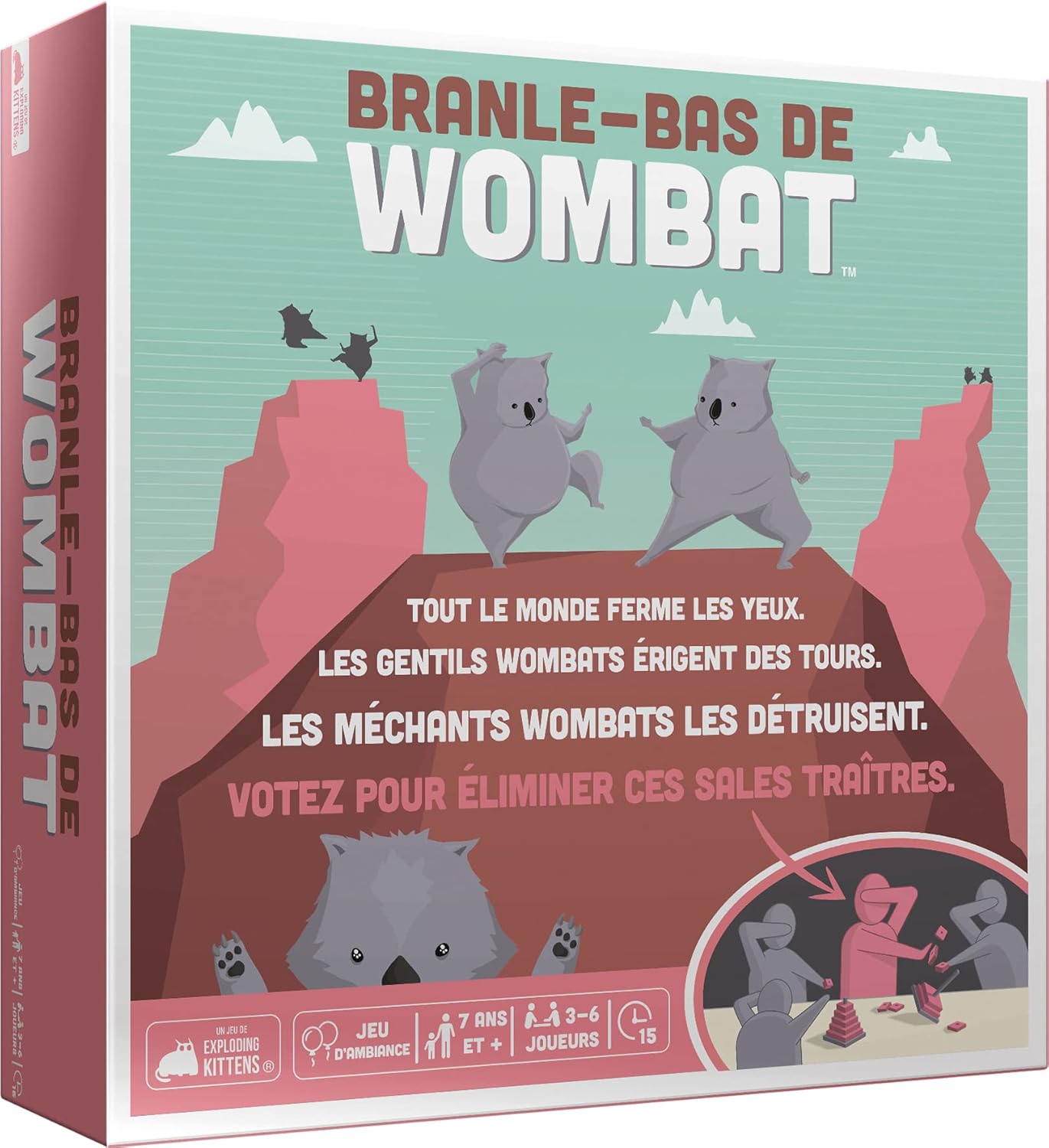 BRANLE-Bas DE Wombat - Jeu de Société d'Ambiance pour Enfants dès 7 Ans - Jeu Coopératif en Equipe - Construisez 3 Tours - 3 à 6 Joueurs -15 Min - Version Française - par Exploding Kittens