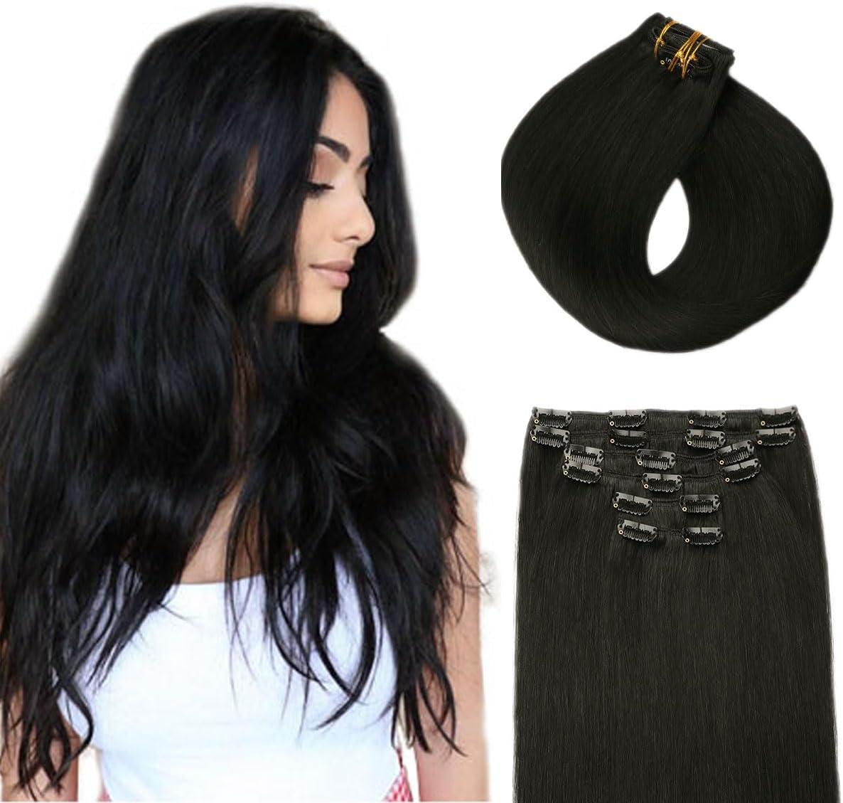 Extension a Clip Cheveux Naturel 35cm 100g 6pcs Extension Cheveux Naturel Clip Cheveux Humains #1 Noir de Jais Extention de Cheveux Humains Vrais Cheveux(#1-14") 1.#1 14pouces/35cm