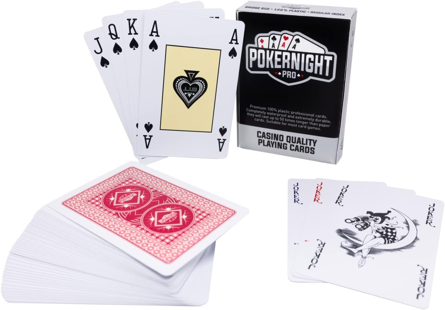 Poker Night Pro Cartes à Jouer en Plastique Professionnelles de (Dos Rouge) - 55 Cartes par Jeu (3 Jokers) 4 Caractères aux Coins