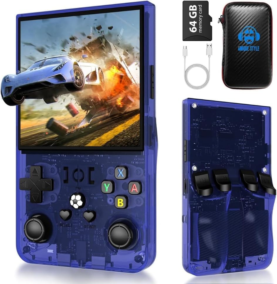 R36 Max, Nouvelle Version améliorée de la Console de Jeux R36S, Console de Jeu Portable , système Linux Open Source, Carte TF 64 Go, 15 000 Jeux rétro, écran IPS de 3,5 Console de Jeux rétro (Bleu)