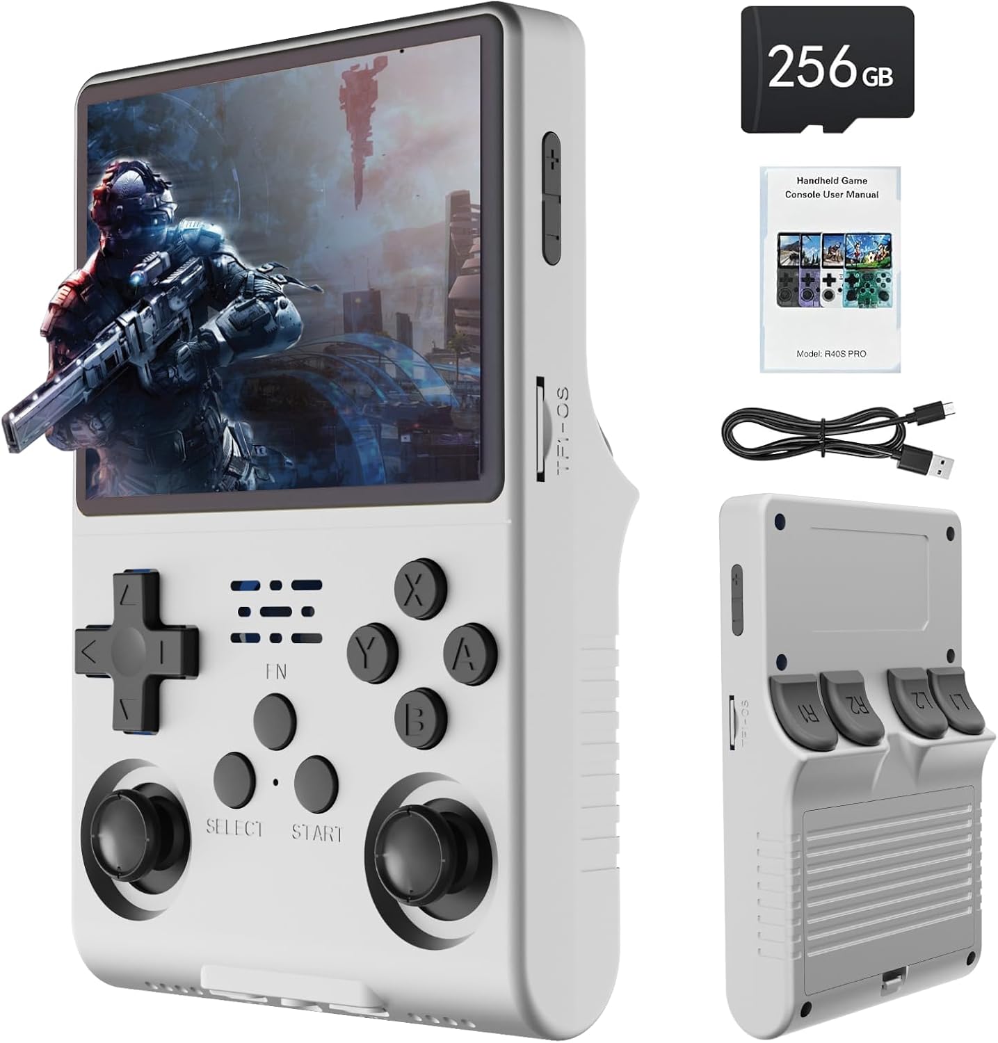 R40S Console de Jeu Portable, 30 000 Jeux rétro en 1 Console de Jeu avec système Linux Open Source, Carte TF 256 Go, écran IPS de 3.5" et Batterie 3 800 mAh (Blanc Classique)
