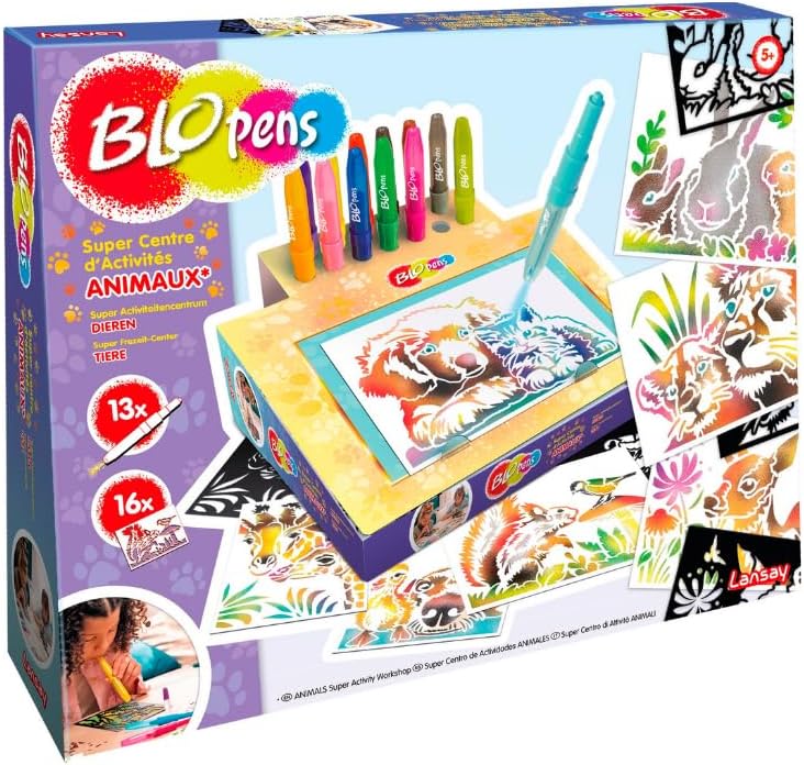 Lansay - BLOPENS - Super Centre d'Activités Animaux - Nouveau - 16 Pochoirs à Effet Aérographe - Boîte Transformable en Pupitre - Bouchons Lavables - Jeu Créatif pour Enfants Dès 5 Ans