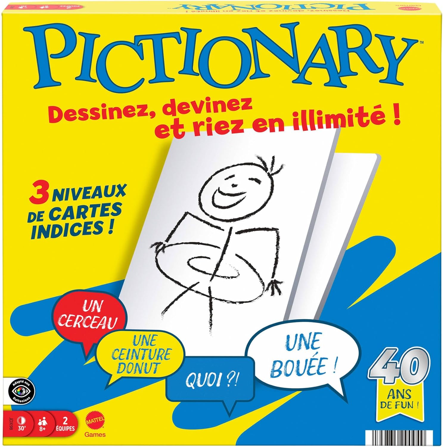 Pictionary Jeu de société familial pour enfants et adultes, soirée jeux pour 2 équipes, avec feutres et ardoises effaçables et sablier, Versión en Francés, JDX98